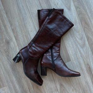 Vintage brown leather square toe knee high boot